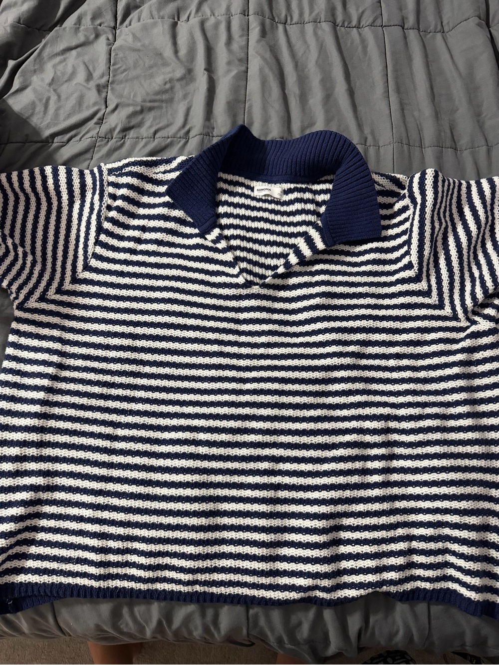 Navy & White Striped Knit Polo Sweater - woman